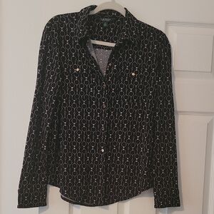 Lauren Black Button-Down Shirt with White Chain Motif & Gold Buttons